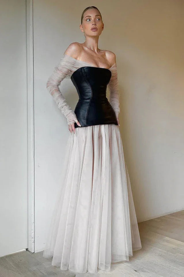 White mesh patchwork ballgown formal dress with off-the-shoulder neckline and long sheer sleeves - View 6 | TEVQA