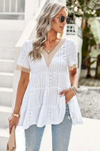 White Eyelet Embroidery V-Neck Blouse - TEVQA