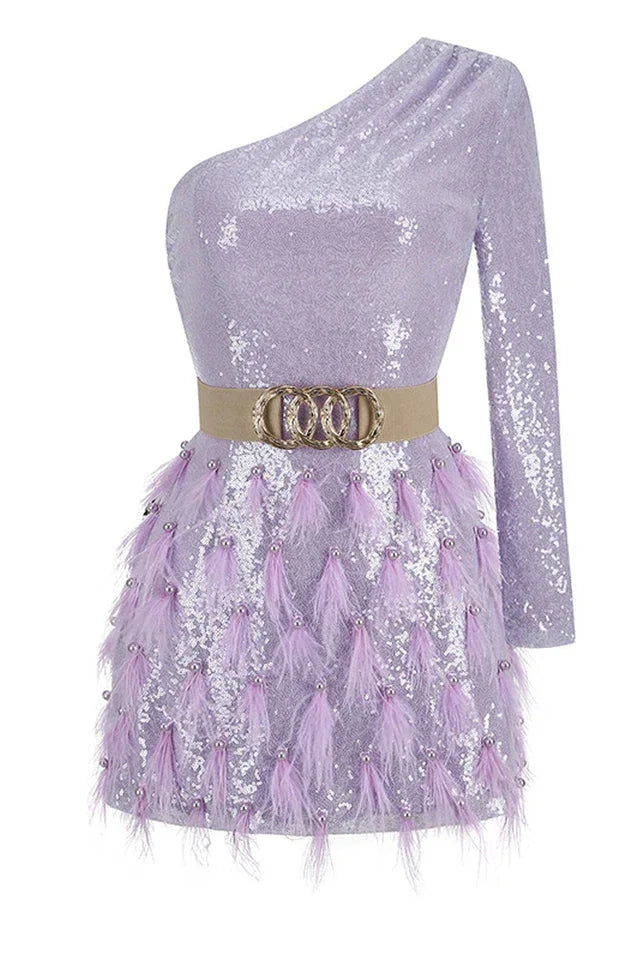 Daria One Shoulder Sequin Feather Dress - View 13 | TEVQA