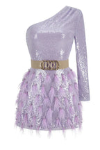 Daria One Shoulder Sequin Feather Dress - View 13 | TEVQA