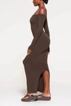 Off-shoulder ribbed knit maxi dress - View 12 | TEVQA