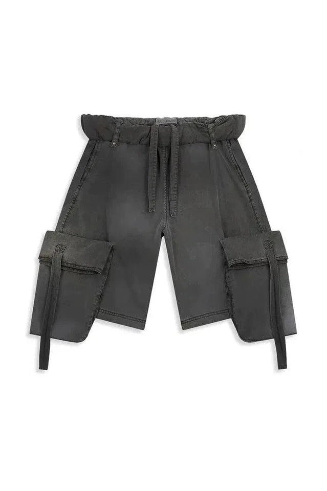 Product image of charcoal cargo shorts with multiple pockets and a drawstring waist.