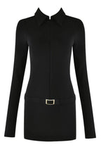 close-up of the upper portion of a black long-sleeved mini dress with a collared neckline and a belted waist