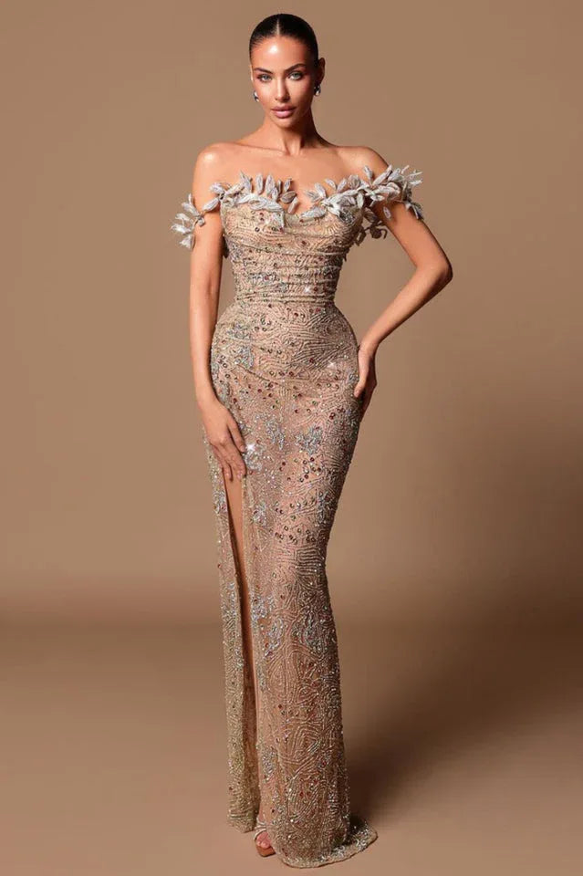 Woman in a sparkling nude off-the-shoulder gown with a thigh-high slit. Main image