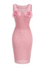 Front view of a pink mesh sheath dress with a structured bodice and floral embellishments.