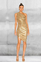 Full body shot of a woman in a gold one-shoulder ruched dress, front view.