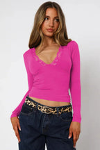 Lace Trim V-Neck Long Sleeve Top - View 6 | TEVQA
