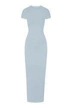 A light blue, full-length, fitted knit dress with cap sleeves and a round neckline, displayed flat.