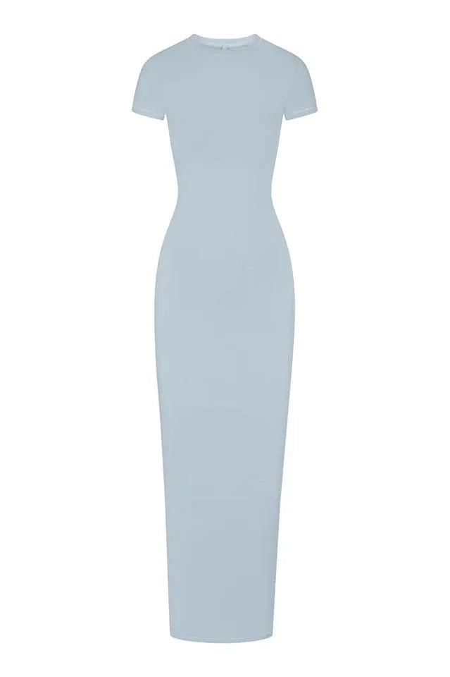 A light blue, full-length, fitted knit dress with cap sleeves and a round neckline, displayed flat.