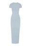 A light blue, full-length, fitted knit dress with cap sleeves and a round neckline, displayed flat.