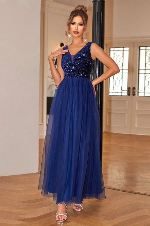 Floor-length sequin party dress with V-neckline - View 6 | TEVQA
