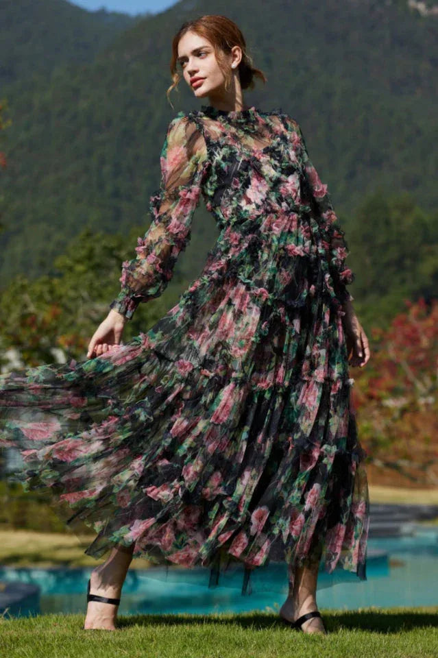 Floral Chiffon A-Line Dress - View 9 | TEVQA