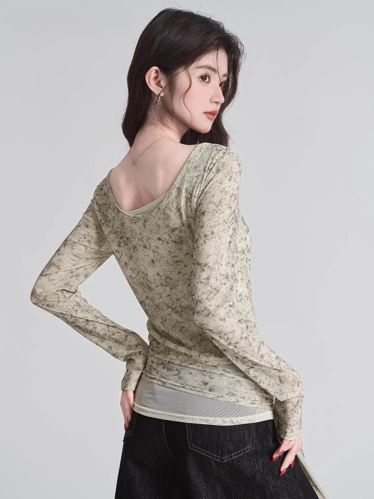Tie Dye Mesh Overlay Wrap Waist Top Beige