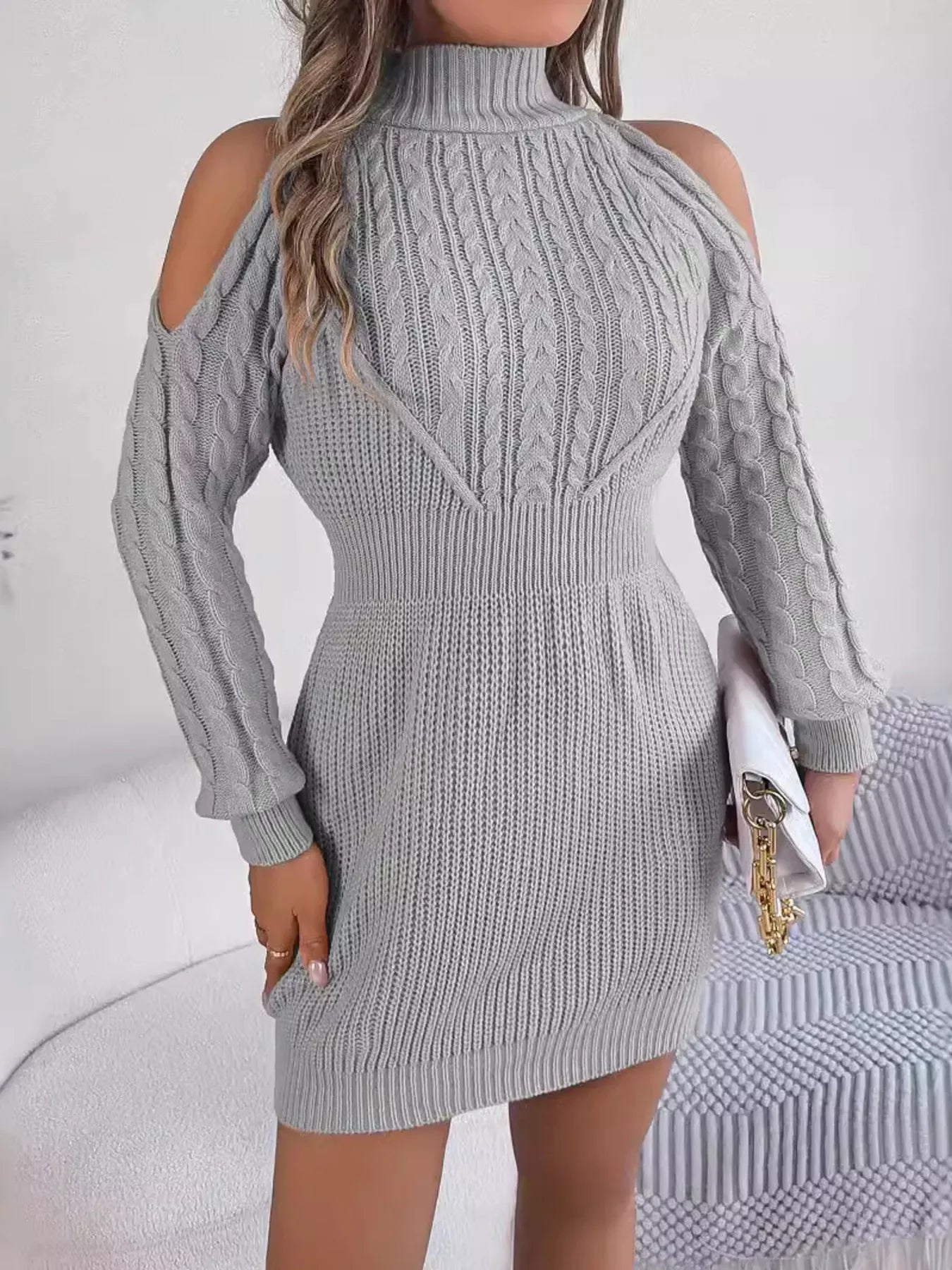 Green Cold Shoulder Cable Knit Sweater Dress - View 15 | TEVQA
