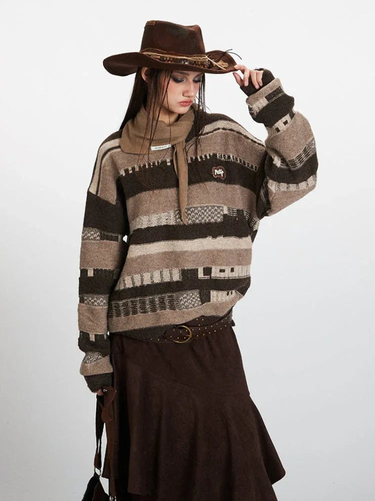 Vintage Brown Striped Distressed Knit Sweater - TEVQA