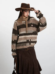 Vintage Brown Striped Distressed Knit Sweater - TEVQA