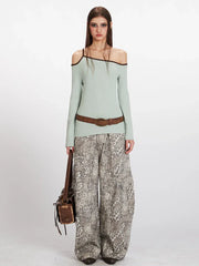 Acubi Y2K Soft Sage Asymmetrical Off-Shoulder Top - TEVQA