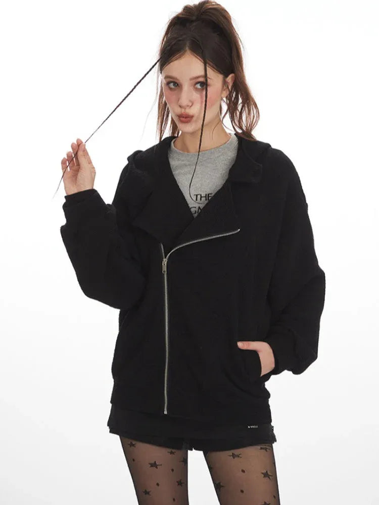 Y2K Grunge Asymmetrical Zipper Hoodie - TEVQA