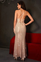 Back view of a woman in a champagne sequined formal gown, showing the criss-cross lace-up back detail.