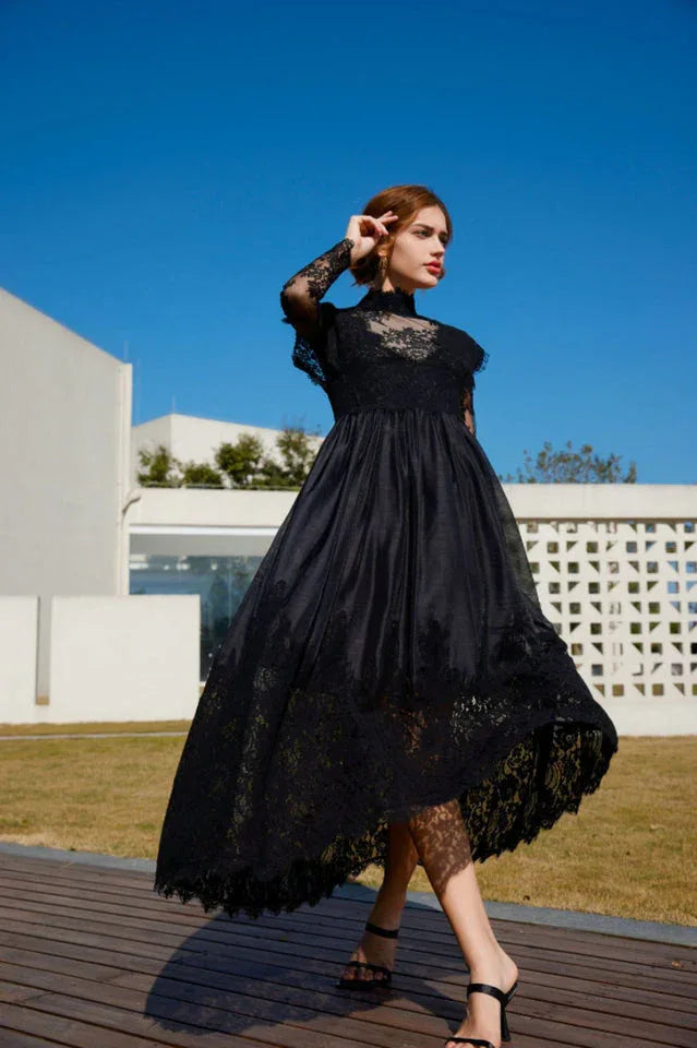 Jamie Black Floral Lace Stitching Dress - View 7 | TEVQA