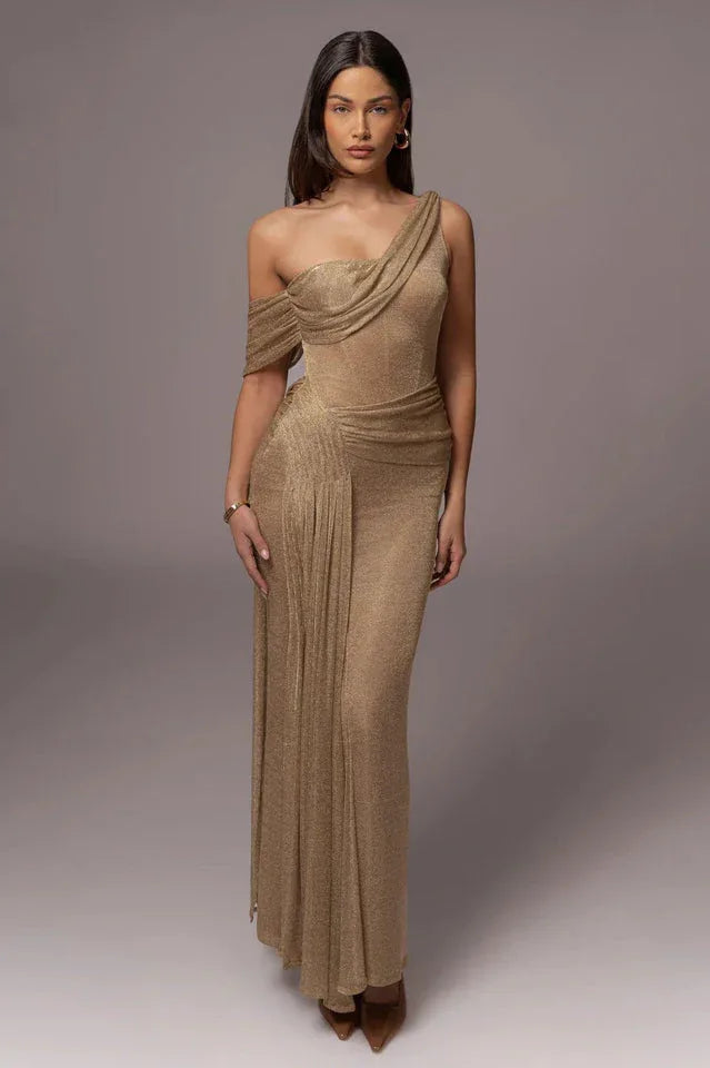 Gold Draped Metallic Maxi Dress - TEVQA Main image