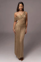 Gold Draped Metallic Maxi Dress - TEVQA