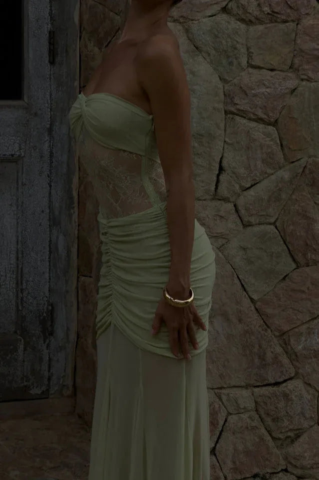 Khadijah Lace and Mesh Maxi Dress in Sage - View 7 | TEVQA