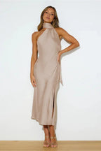 Elegant halter neck satin maxi dress - View 19 | TEVQA