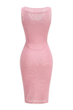 Back view of a pink mesh sheath dress showcasing its form-fitting silhouette.