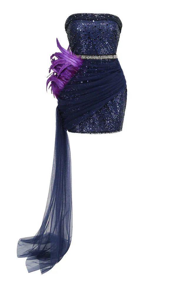 Strapless sequin mini dress with feather and tulle detail - View 6 | TEVQA