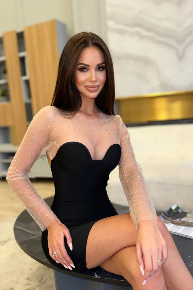 Aarohi Crystal Mesh Mini Dress - TEVQA