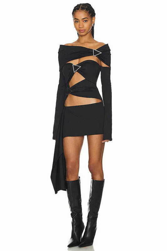 Front view of a black knit dress with an off-the-shoulder neckline and draped elements.