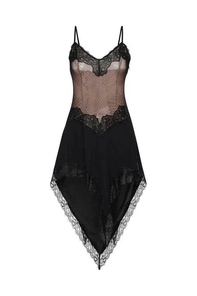Asymmetrical Hem Mini Dress with Lace Trim - View 7 | TEVQA