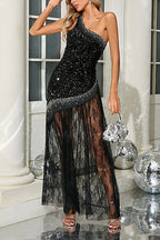Woman wearing a black sequined one-shoulder gown with a lace overlay