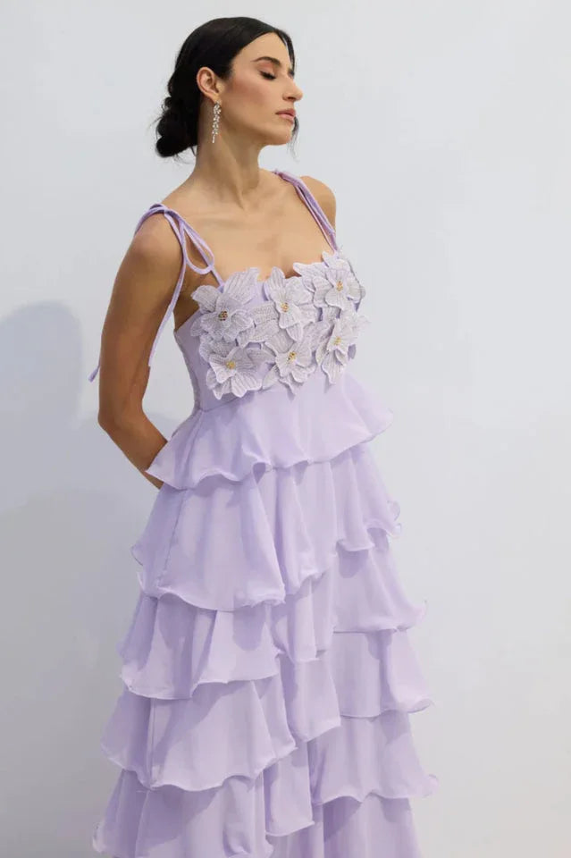 Clara Diamante Flower Tiered Slip Dress - View 6 | TEVQA