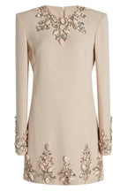 Close-up of a pale pink, long-sleeved shift dress featuring intricate crystal and pearl embellishments around the neckline and down the front.