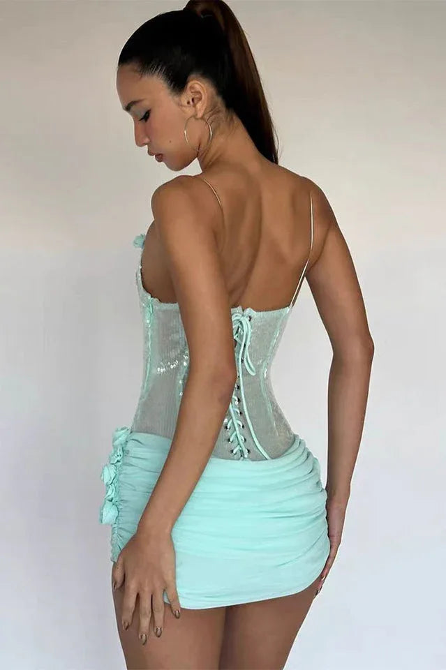 Sequin floral draped corset dress - View 7 | TEVQA