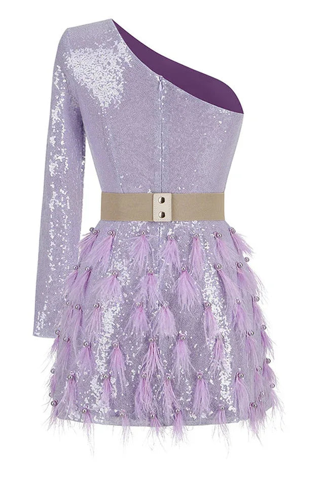Daria One Shoulder Sequin Feather Dress - View 14 | TEVQA
