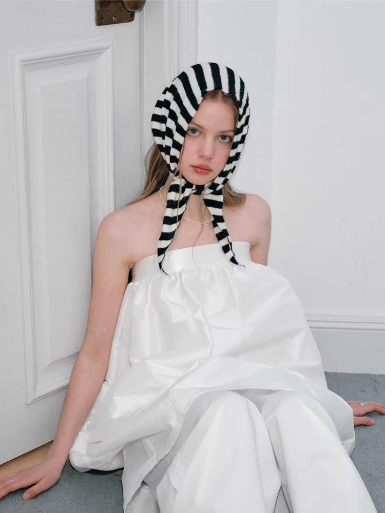 Black White Striped Knit Wool Blend Triangle Scarf