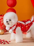A white Bichon Frise dog wearing a red and white traditional Chinese style vest with gold cloud and character prints, shown in profile.