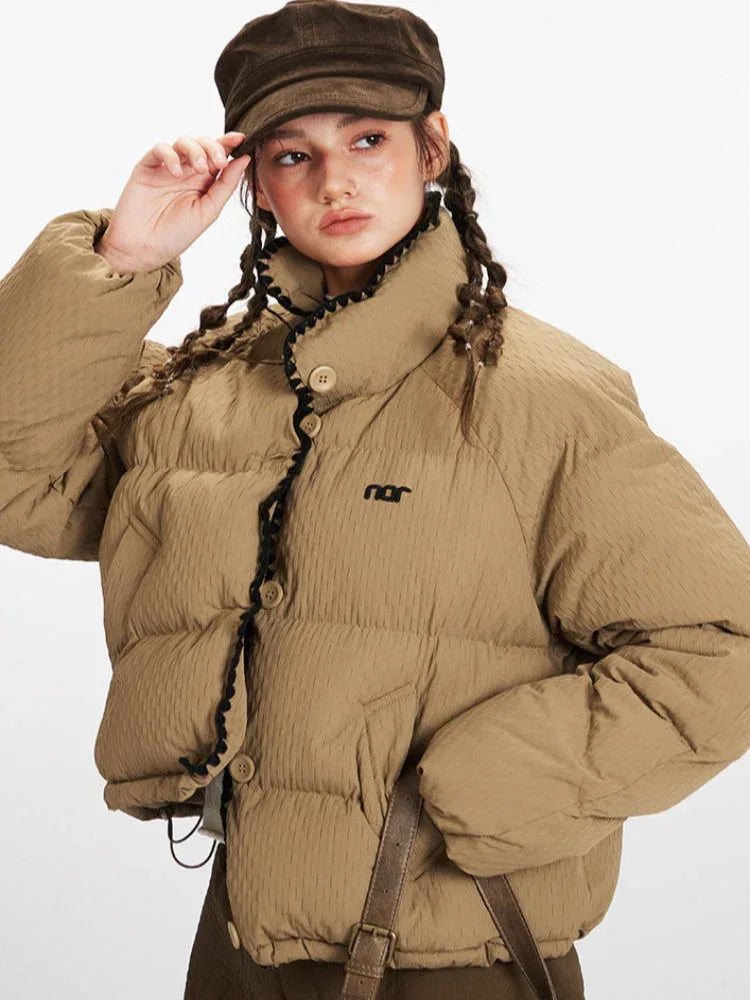 Textured Stand Collar Cropped Puffer Jacket - TEVQA