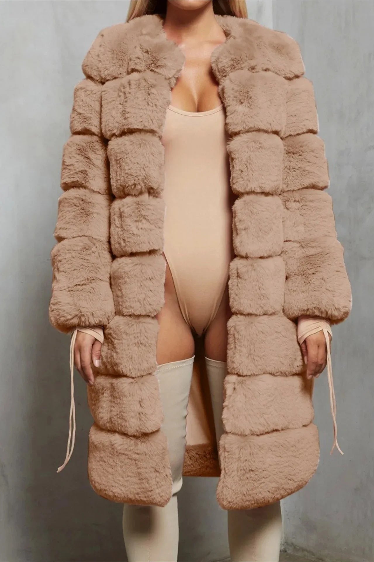 Elegant grey tiered faux fur long coat - View 12 | TEVQA