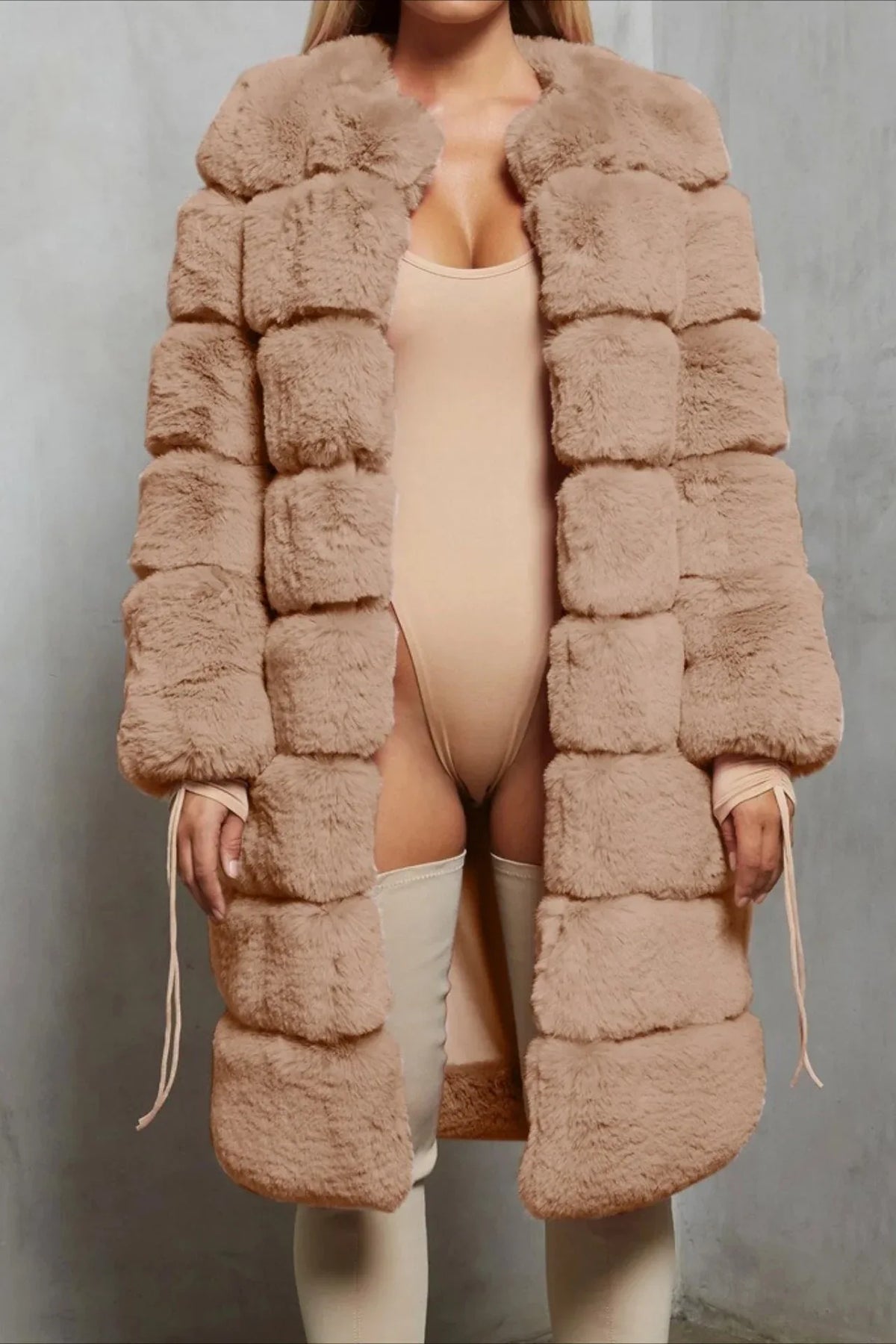 Elegant grey tiered faux fur long coat - View 12 | TEVQA