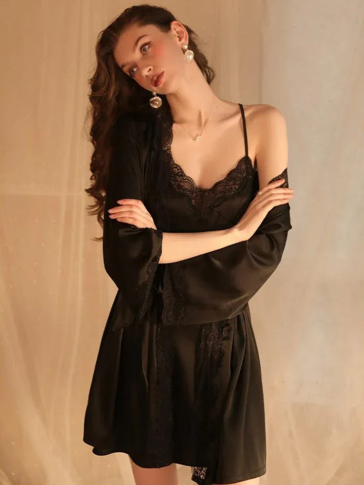 Pearl White Satin Lace Robe & Nightgown Set - View 16 | TEVQA