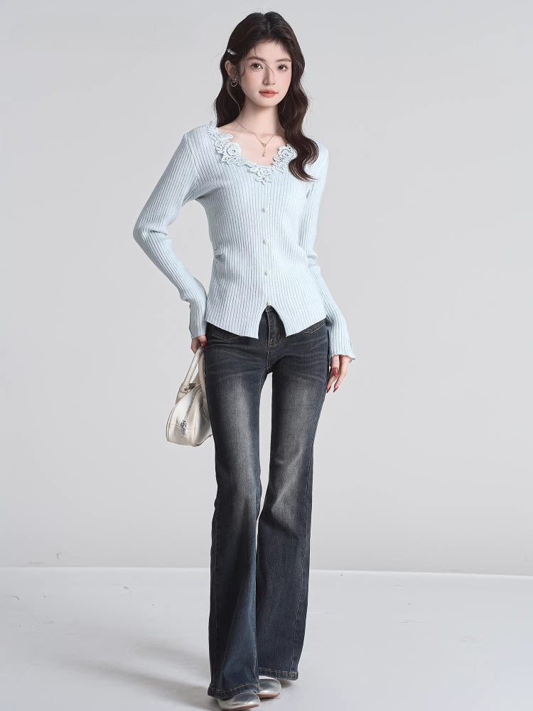 Light Blue Lace V-Neck Ribbed Knit Top