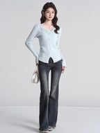 Light Blue Lace V-Neck Ribbed Knit Top