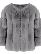 Front view of a grey faux fur jacket with an open neckline and layered sleeves.