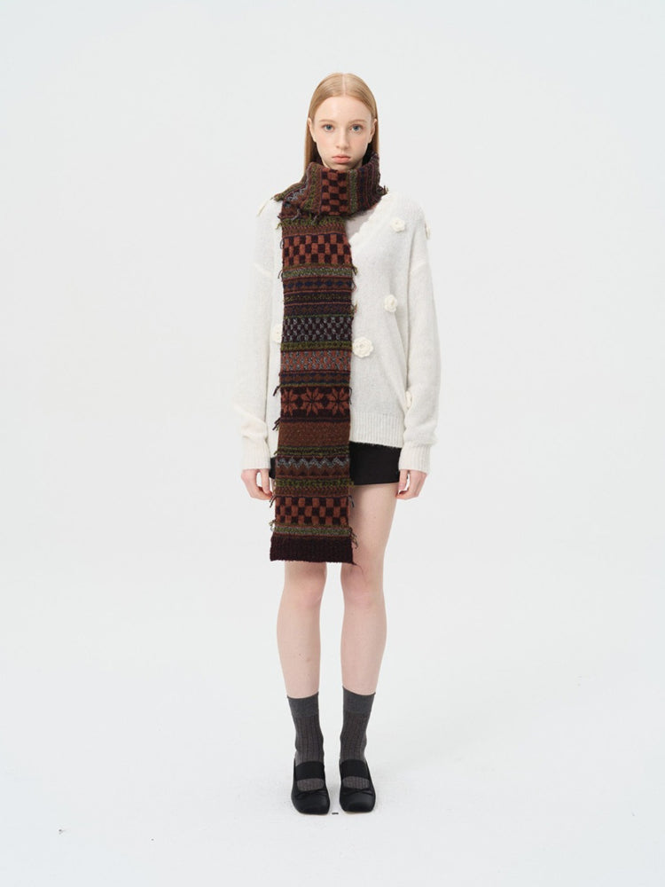 Vintage Fair Isle Jacquard Knit Scarf Wool Blend Raw Edge - Brown Pattern