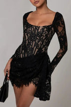 Black lace mini dress with a square neckline and long sleeves