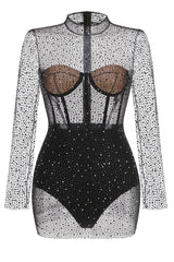 Adele Black Mesh Diamond Mini Dress | Dress In Beauty